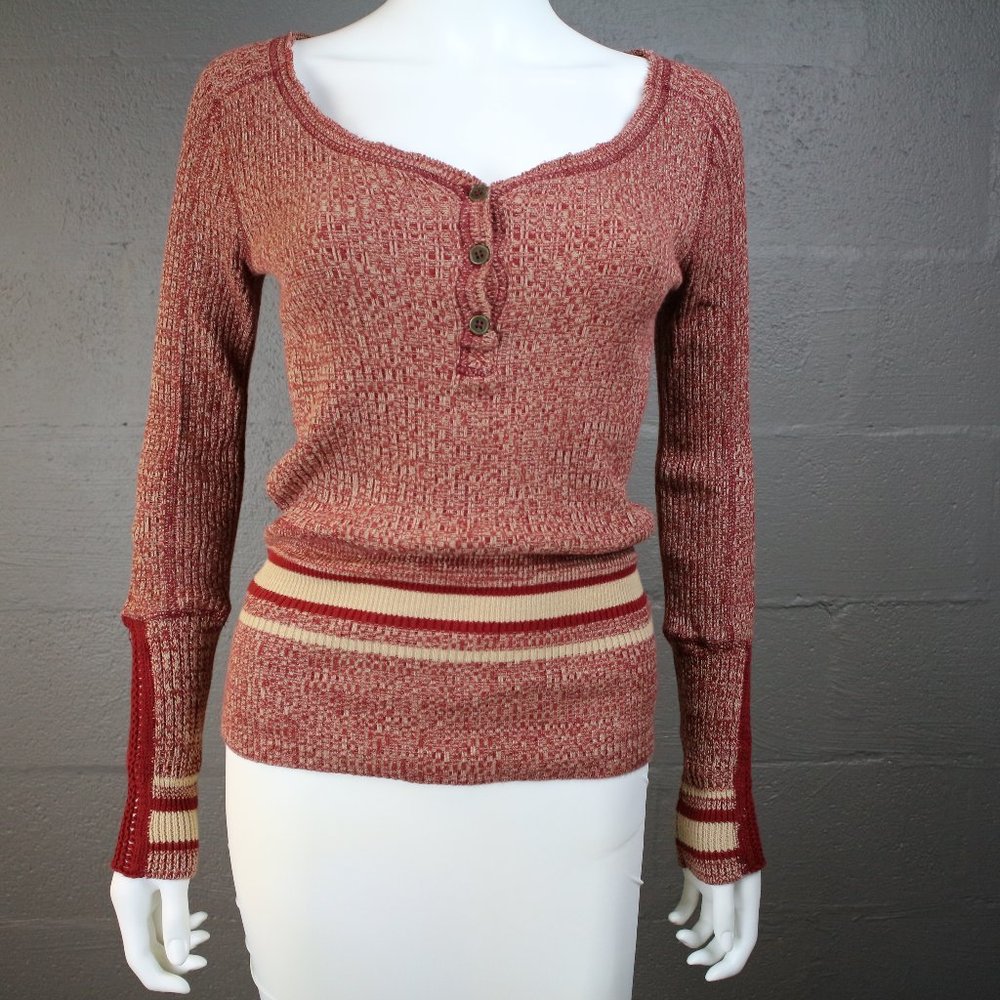 We the Free Knitted thermal Shirt XS Long Sleeves Fitted crochet dark red cream